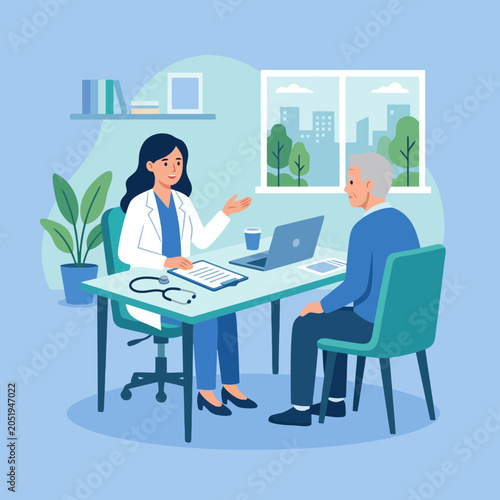 Quadro su tela A doctor consults with an elderly patient in a clinic office