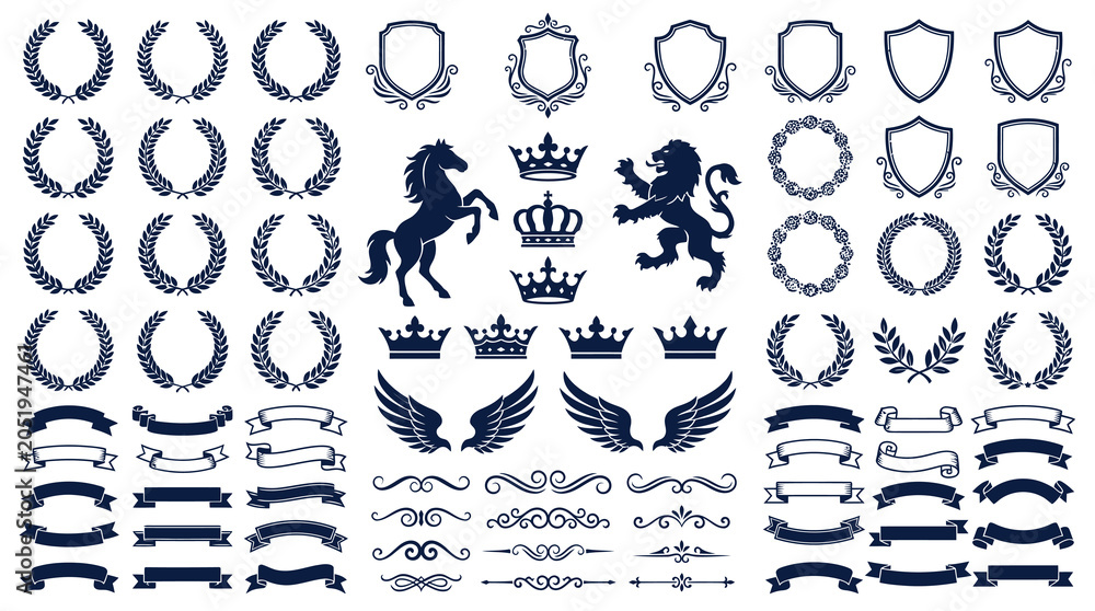 © Ayong - Comprehensive set of heraldic vector design elements featuring classic shields, laurel wreaths, royal crowns, lions, horses, decorative wings, ornate ribbons, and vintage dividers for branding. © Ayong - Comprehensive set of heraldic vector design elements featuring classic shields, laurel wreaths, royal crowns, lions, horses, decorative wings, ornate ribbons, and vintage dividers for branding.