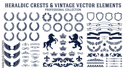 Принти на полотні Professional Collection of Heraldic Crests and Vintage Vector Elements with Laurel Wreaths, Crowns, Shields, Ribbons, Lion, Horse, Wings, and Decorative Borders for Logo Design and Branding Projects