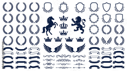 Tableau sur toile Comprehensive set of heraldic vector design elements featuring classic shields, laurel wreaths, royal crowns, lions, horses, decorative wings, ornate ribbons, and vintage dividers for branding