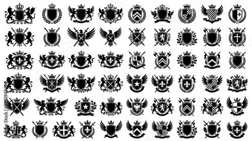 Schilderij op canvas Large Collection of Vintage Heraldic Crests and Royal Coat of Arms Emblems with Shields, Crowns, Lions, Griffins, Dragons, and Swords in Black Silhouette Style for Classic Medieval Vector Design