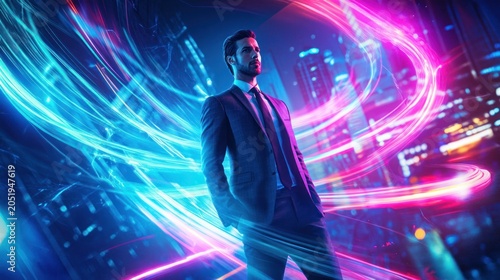 Businessman in a suit standing in a neon lit city
