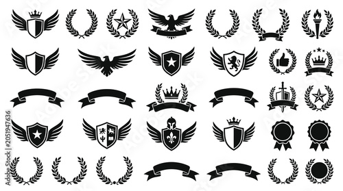 Bild auf Leinwand Large collection of black heraldic emblems and vector icons including shields with wings, laurel wreaths, ribbons, crowns, stars, and eagle silhouettes for luxury branding and logo design projects