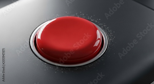 Close up of a large red emergency push button on a dark console.