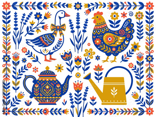 Decorative folk art illustration featuring a goose, hen, teapot, and watering can with intricate floral patterns and ethnic ornaments in blue, yellow, and orange on a clean white background.