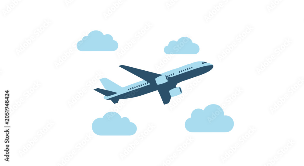 Fototapeta premium Commercial passenger airplane flying through light blue clouds in a clear sky depicted in a clean minimalist vector illustration.
