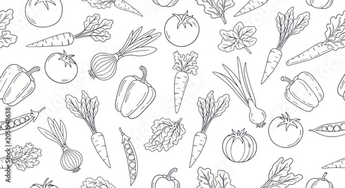 Billede på lærred Hand-drawn vegetable pattern with various fresh produce illustrations