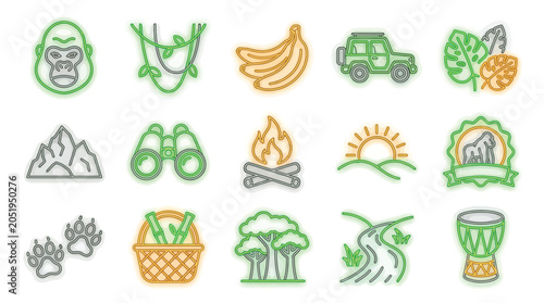 Canvas Print Collection of safari and jungle adventure icons, including animals, vehicles, and nature elements