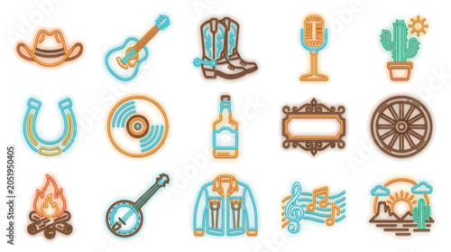 Collection of country music and western icons with a neon glow effect, representing a lifestyle.