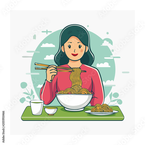 Woman eating noodles with chopsticks in flat design style