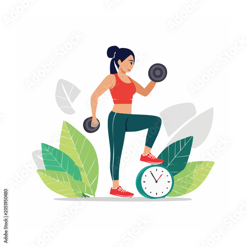 Woman exercising with dumbbells and clock