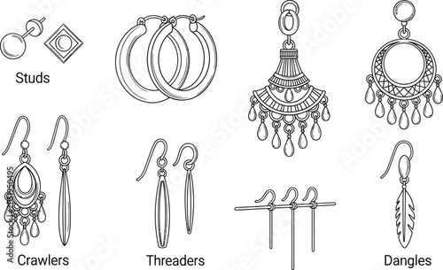 Картината върху платно Collection of diverse earring styles including studs hoops crawlers threaders an