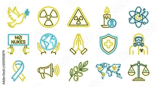 Schilderij op canvas Collection of icons representing peace, danger, and social issues, including a dove, radiation symbols, and a world map