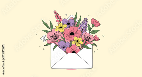 White open envelope filled with a beautiful bouquet of various colorful flowers and green leaves on a soft background.