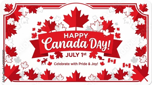 Vibrant canada day celebration graphic with maple leaves