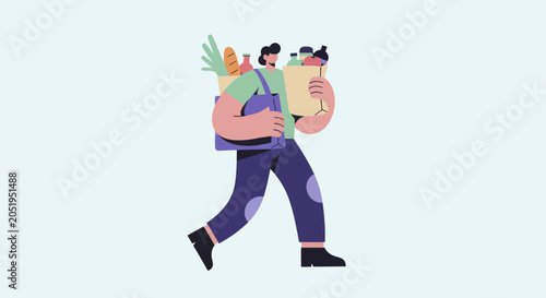 Foto Person carrying groceries in reusable bags after shopping.