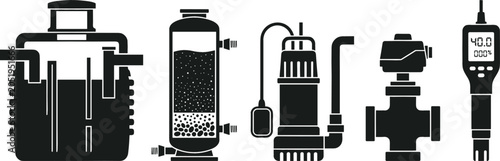 Foto Wastewater Treatment and Septic System Plumbing Equipment Solid Black Icon Set F