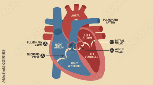 Bild auf Leinwand Human Heart Anatomy Detailed Cross Section With Chambers and Valves