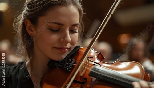 Closeup of a young female violinist playing with passion and focus during an orchestral performance in a concert hall with soft lighting