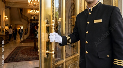 Professional doorman opening a golden door at a luxury hotel