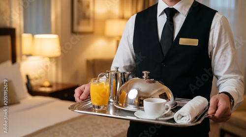 Professional waiter carrying a room service breakfast tray in hotel