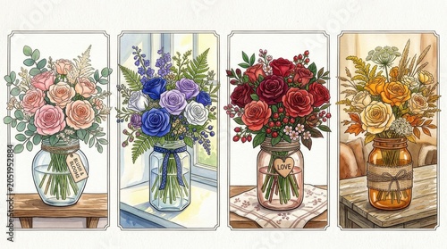 Vibrant Illustrated Floral Bouquets in Jars Set. Hand-Drawn Colorful Flower Arrangements for Home Decor & Gifts.