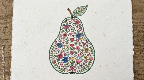 Artistic floral pear illustration on textured paper. Decorative folk art style fruit filled with colorful flowers and tiny hearts, nature inspired design.
