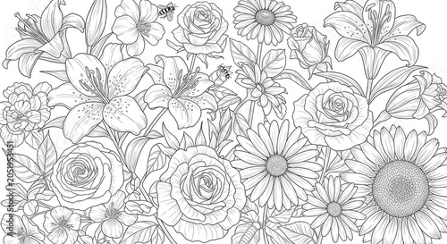 Detailed Botanical Flower Garden Line Art with Roses, Lilies, Daisies, and Bees for Coloring Book or Design