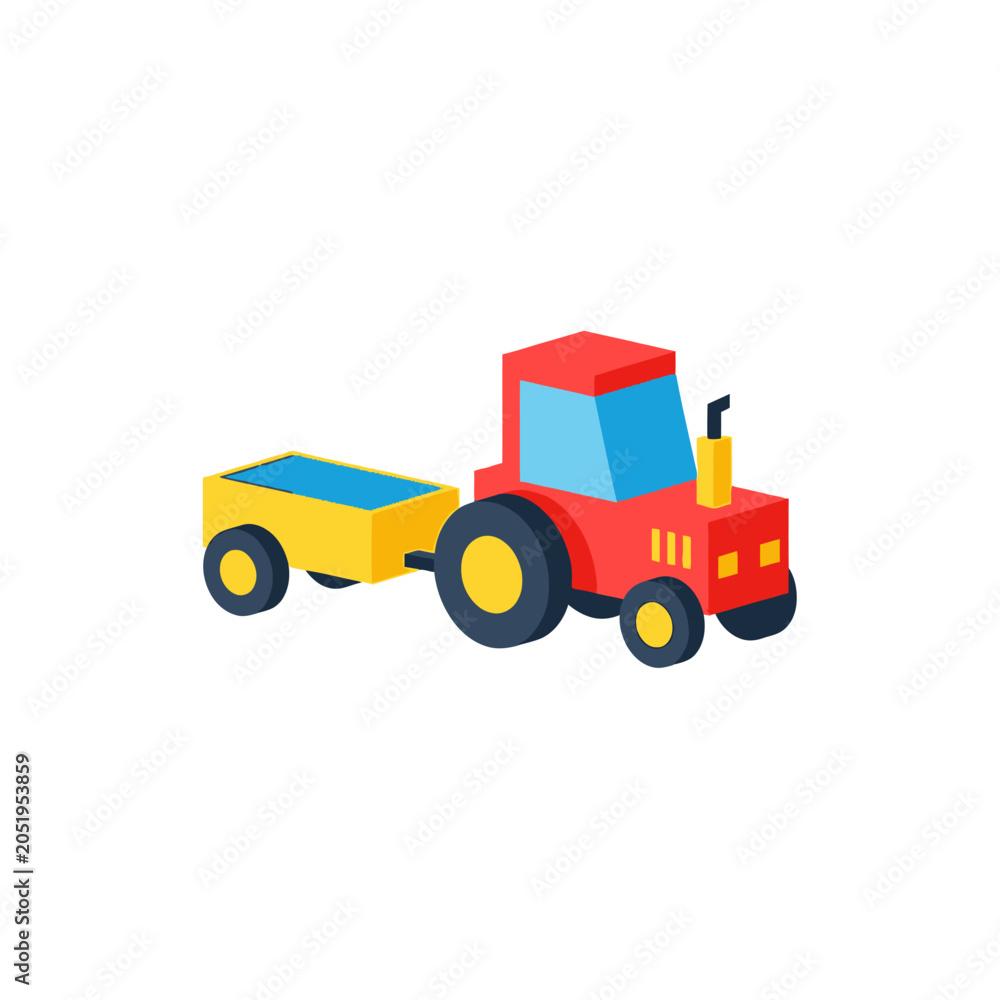 Naklejka premium Red farm tractor and trailer vector in flat isometric design