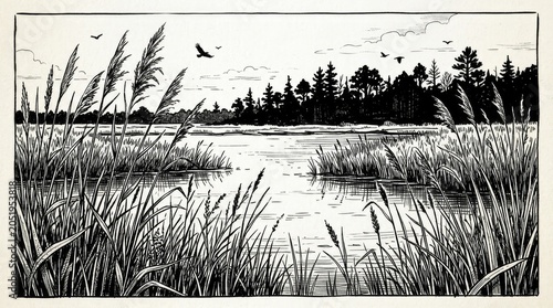Detailed monochrome illustration of a peaceful wetland landscape featuring tall marsh reeds, calm water, distant forest, and birds in flight.