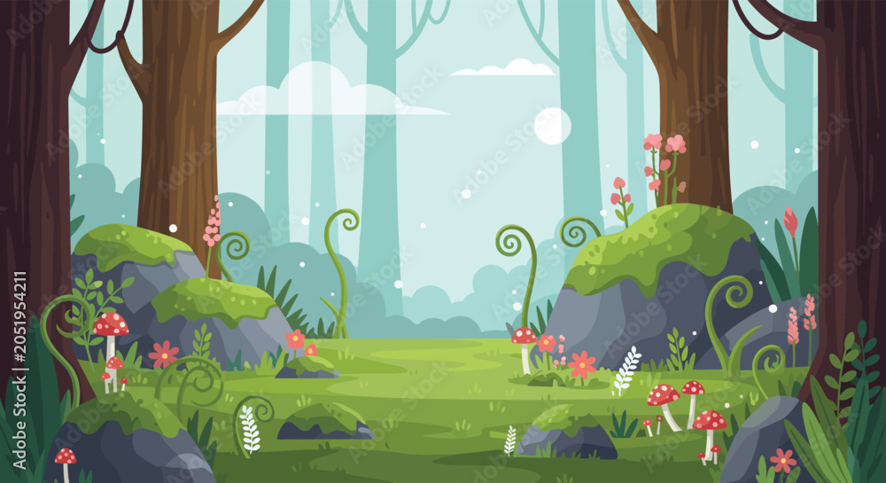 Obraz premium Beautiful fantasy forest landscape with mossy rocks, red mushrooms, and glowing magical light among tall trees in a detailed pixel art style.