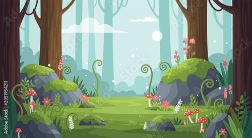 Beautiful fantasy forest landscape with mossy rocks, red mushrooms, and glowing magical light among tall trees in a detailed pixel art style.