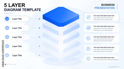 5 layer stack diagram template with space for text - modern business technology slide infographic template for corporate presentations. Vector illustration Template