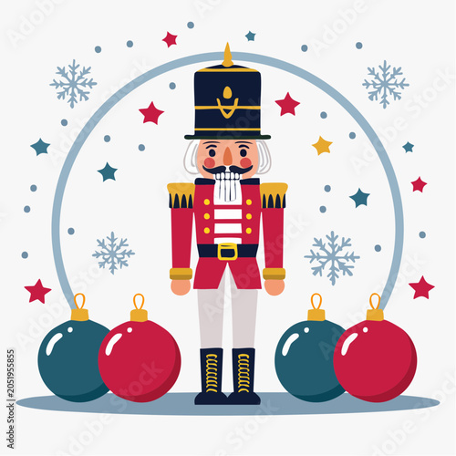 Nutcracker Soldier with Christmas Ornaments and Snowflakes