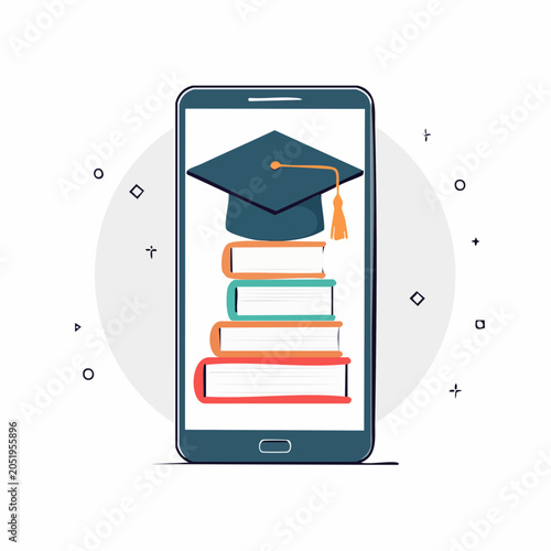 Online Education Concept: Smartphone with Graduation Cap and Books