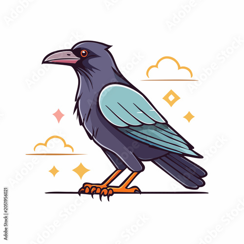 Stylized Illustration of a Raven with Clouds and Stars