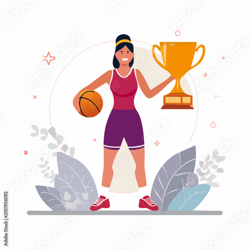 Woman Basketball Player Holding Trophy and Ball