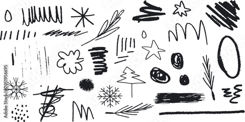 Collection of hand-drawn doodle elements with various lines, shapes, and textures in black and white, perfect for graphic design projects.