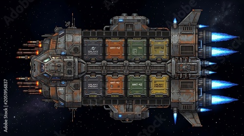 Detailed pixel art cargo spaceship cruising through deep dark space