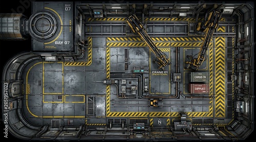 Top down view of a futuristic cargo bay industrial facility