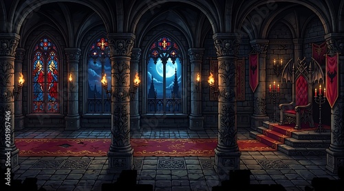 Dark gothic castle throne room with glowing candles and stained glass