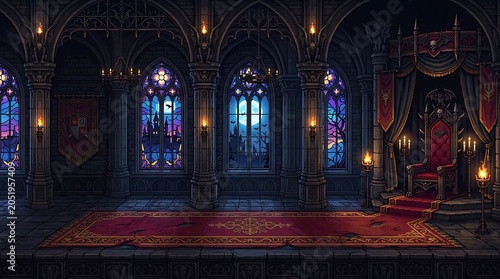 Dark gothic throne room with stained glass windows and candles