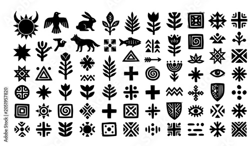 Bild auf Leinwand Abstract linocut geometric symbols set with primitive folk vector icons