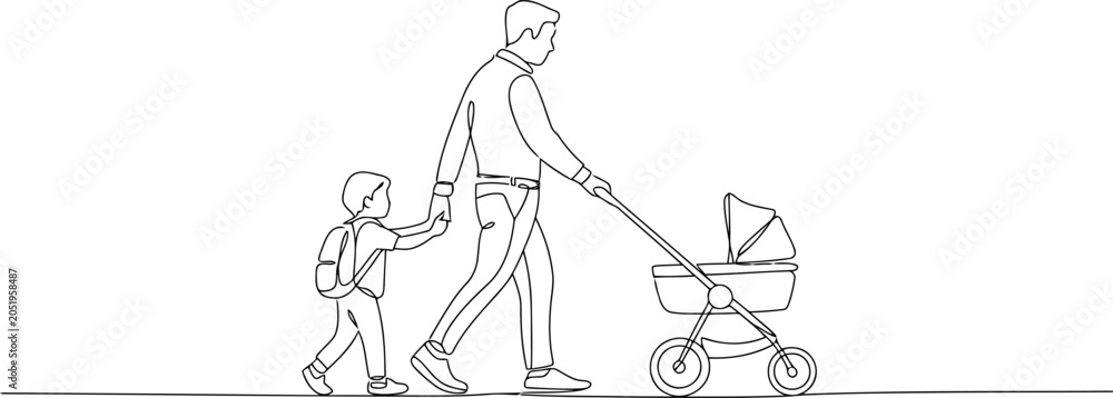 Fototapeta premium Father and son walking together with a baby stroller in continuous line style