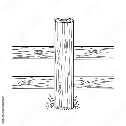 A wooden fence section with a post and rails, showcasing wood grain details