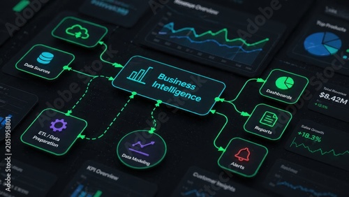 Business intelligence system displaying data analytics and performance insights with interconnected charts and reports on a digital interface