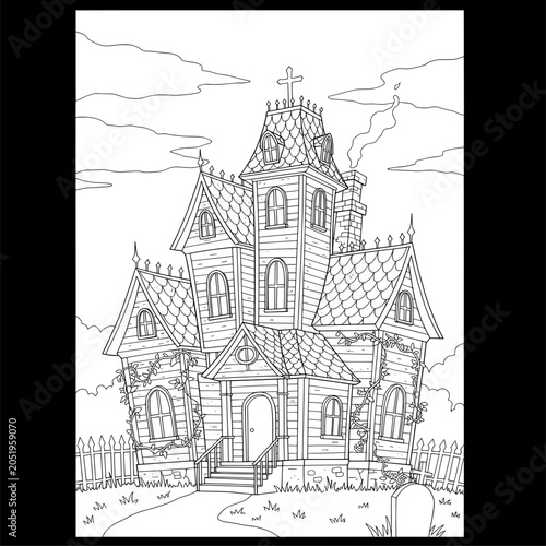 Spooky house in grayscale with cross at the top and chimney is smoking near clouds