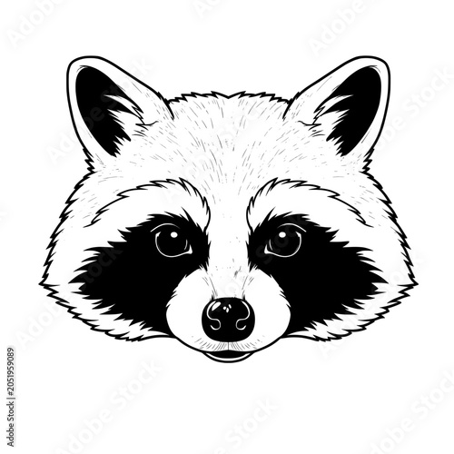 Raccoon head illustration showing its face with striking eyes in black and white design