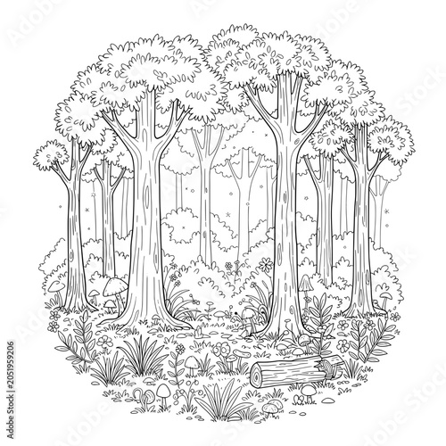 Forest Trees Detailed line art of a forest with tall trees, bushes, flowers, & mushrooms
