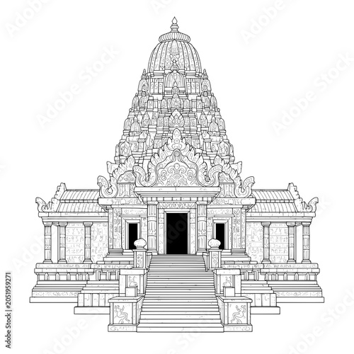 Ornate building showing a stone structure, carvings, entranceways and a domed tower